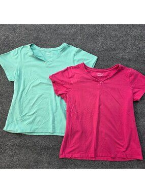 Lot of 2 Coldwater Creek Henley T Shirt XL Pink Aqua Cotton Stretch Casual Tops